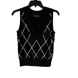 Express Design Studio Sweater Vest Y2k S Black White Argyle Knit Preppy Academia